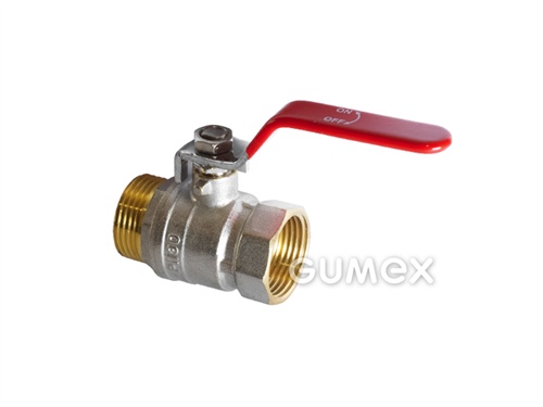 Guľový kohút s páčkou pre vodu, DN10, vnútorný a vonkajší závit G 3/8", 16bar, tesnenie PTFE, páčka oceľ s plastovým návlekom, -10°C/+110°C, mosadz
